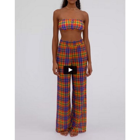 💕WEWOREWHAT💕 Plaid Print Smocked Mesh Pants ~ Swimsuit Coverup Large L NWT - Picture 3 of 16